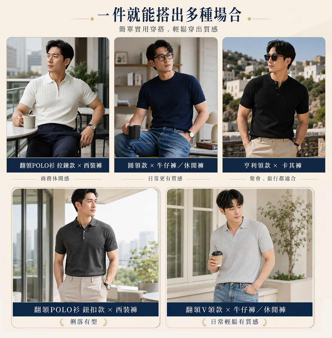 力群男士西服 (LeeCeen) 男士夏日針織 POLO 衫與亨利領穿搭指南，示範西裝褲、牛仔褲與卡其褲的商務休閒場合搭配。