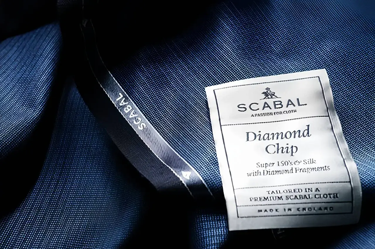 SCABAL布標與鑽石紗西裝面料特寫