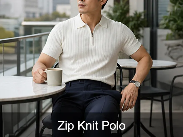 力群男士西服的白色針織半拉鍊 POLO衫搭配深藍色西裝褲，展現男士商務休閒與半